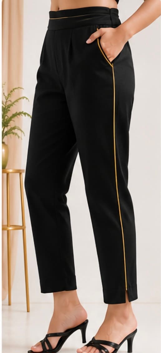 Black Cotton Pant with Golden Piping – Premium Women's Cotton Bottom Wear detailed portrait