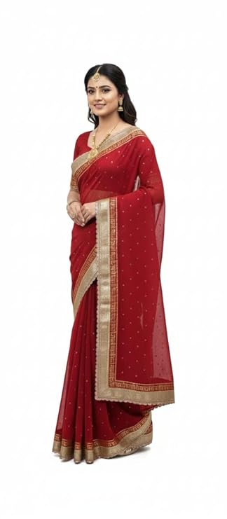 Red Tissue Silk Saree with Golden Zari Border - Premium Designer - view 1